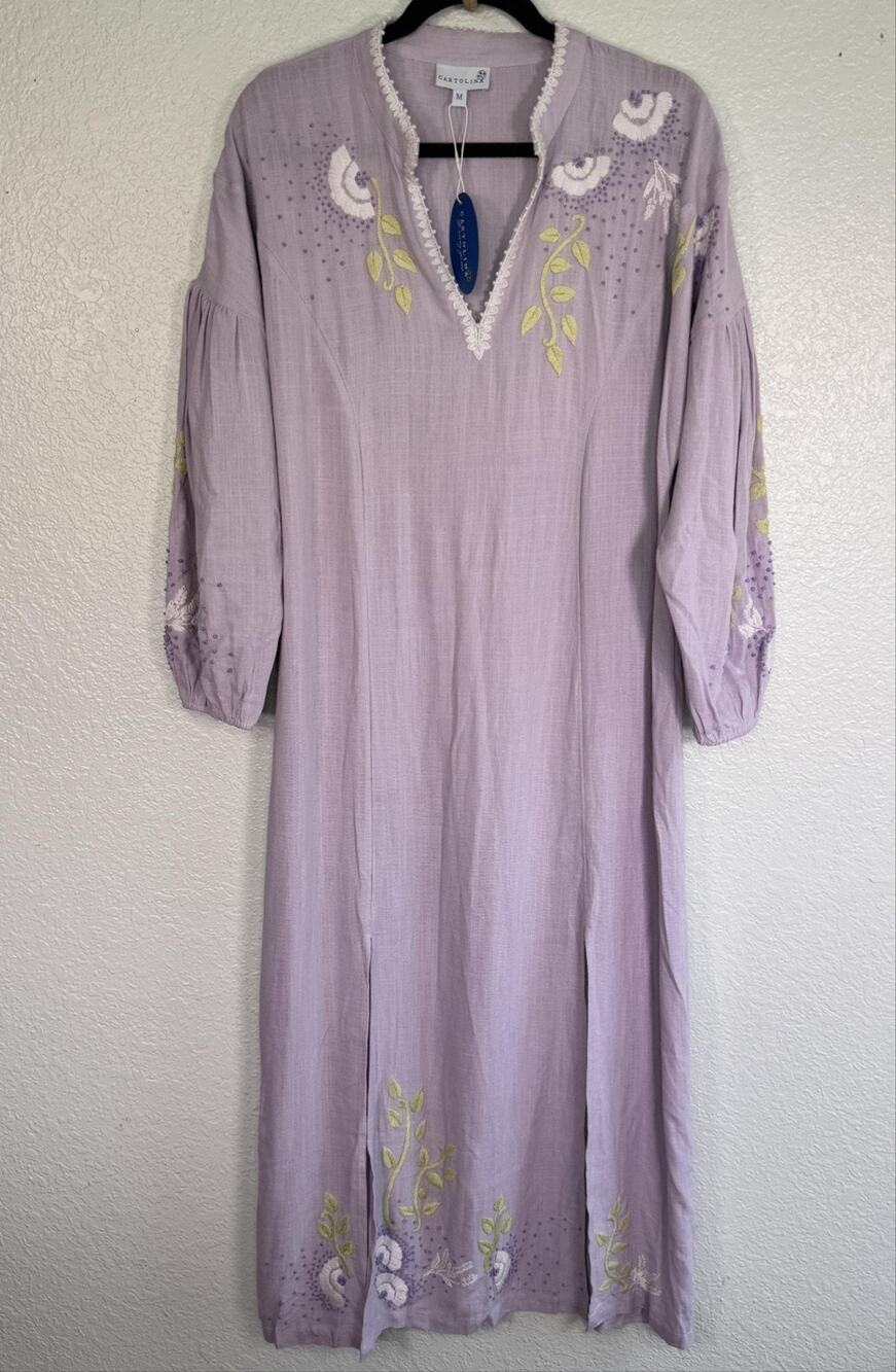 Cartolina Dress Womens Medium Isabelle Maxi Caftan Floral Embroidered Boho NEW